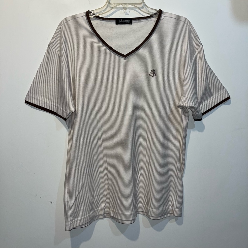 U.P renoma Men's Striped V-Neck Tee - Cream with Black Accents
